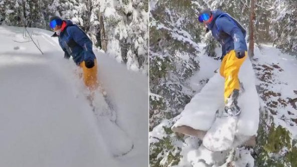 La discesa con lo snowboard finisce nel vuoto: ma chi filma il base jumper?