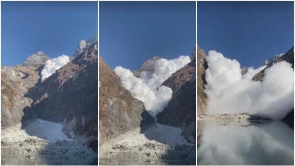La valanga genera un'epica nuvola di neve che raggiunge gli escursionisti