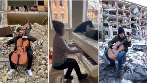 Dal pianoforte al violoncello, i musicisti suonano tra le rovine delle città ucraine